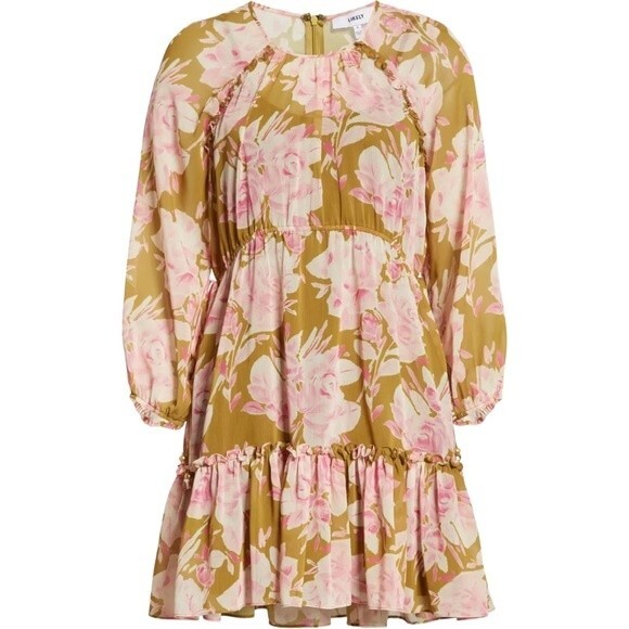 NWT Likely Dress Olive Green Pink Floral Hadi Long Sleeved Ruffled Dress Size 8 - Picture 1 of 15